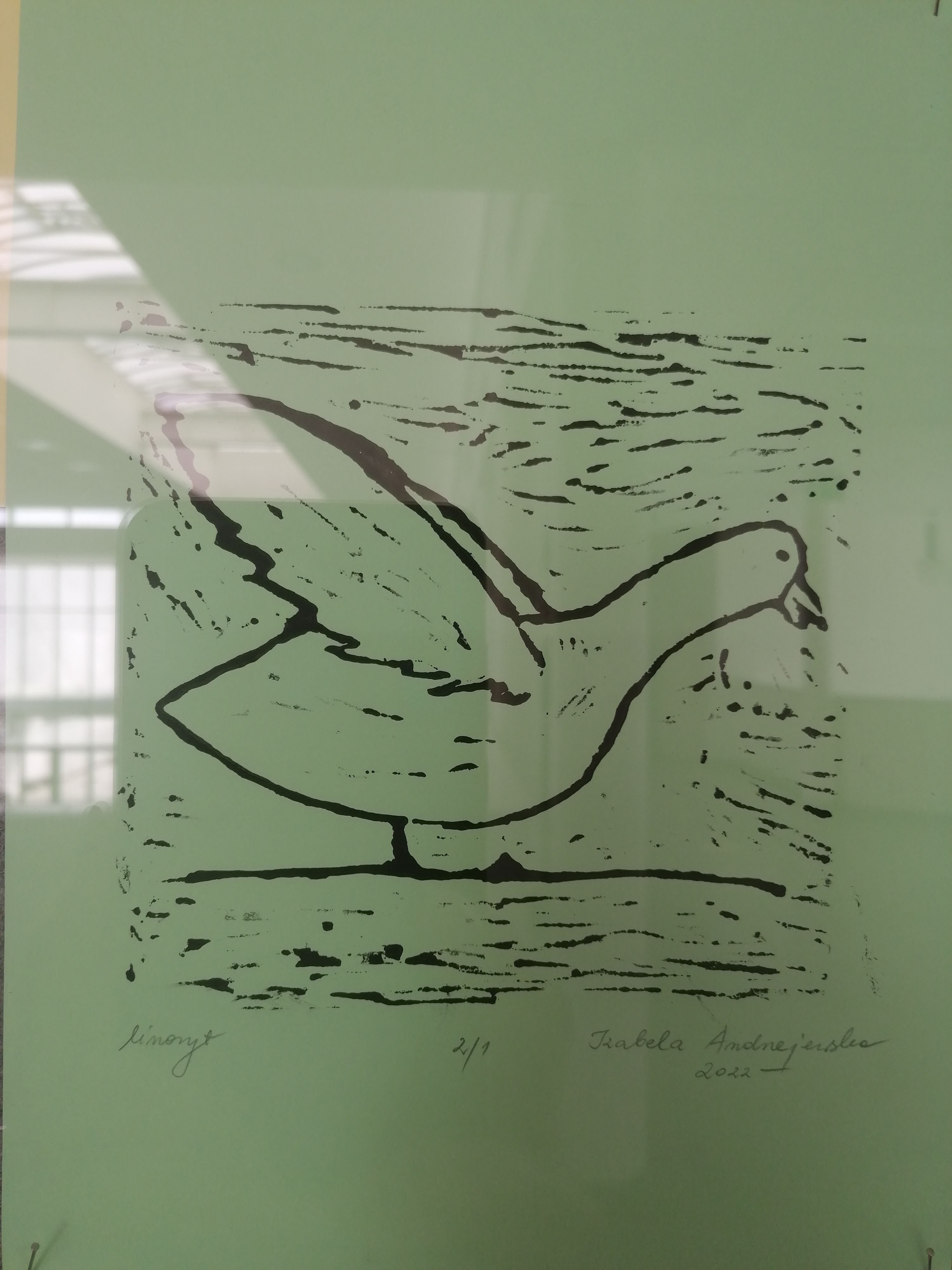 Kaczka pieczołowicie wydrążona w linoleum, projekt Izabeli Andrzejewskiej. Gablota szkolna.